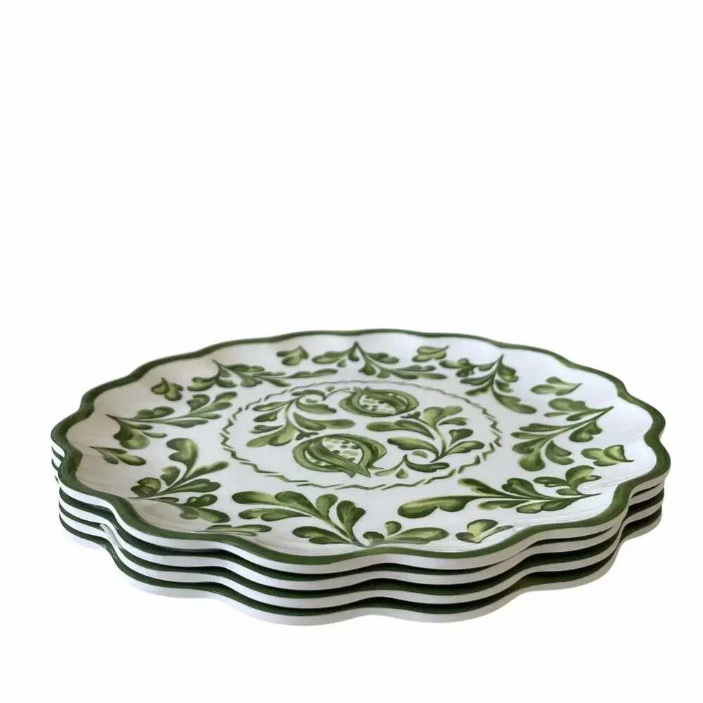 Shabby Chic Green Floral Melamine Dinner Plates 11in Set of 4 Indoor Outdoor NEW